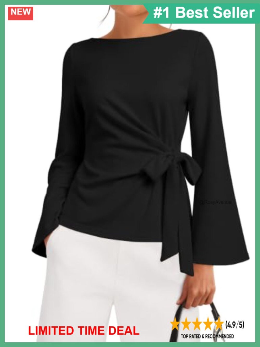 Bell Sleeve Tie Front Wrap Blouse Cinched Waist Work Top